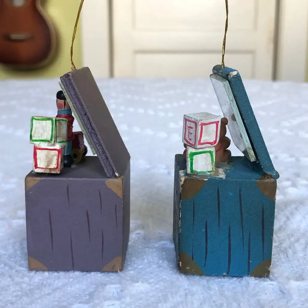 VTG Wooden Toy Chest Christmas Ornaments Noel Set of 2 Hand Painted Glass Mirror